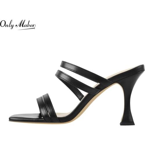Onlymaker Slip-On Shoes For Women Square Toe Sandal Matte Black Narrow Band Summer Kitten Heel Open Toe Slipper