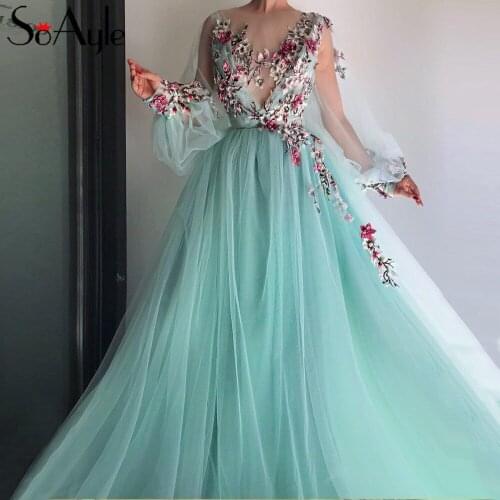SoAyle Elegant Evening Dress A-line Long Sleeves Tulle Light Blue with Flower Applique Evening Dresses Long Prom Party Dresses