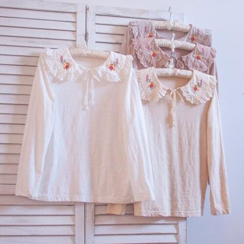 TIYIHAILEY Free Shipping 2021 New Spring Autumn Cotton Tops Women Tees White Japan Style Loose Embroidery Turn Down Collar