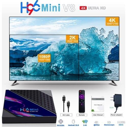 H96 MINI V8 Set Top Box Android 10.0 Quad-Core 4K TV Box Supports HDMI-compatible, 2.4G WiFi, with IR Control