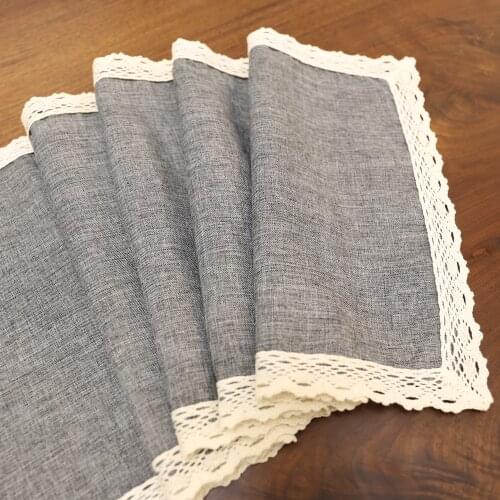 Vintage Home Table Decoration Table Runners Household Gray Khaki Color Natural Jute Linen Table Runner with Cotton Lace Border