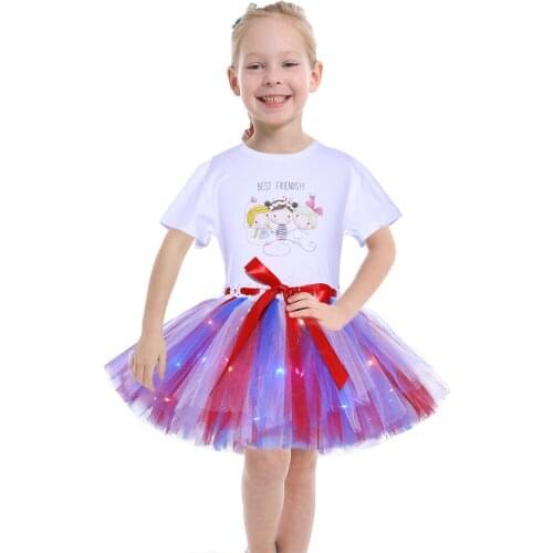 July The 4th Girls Tulle Tutu Skirt Teen Girl LED Light Up Tutu Costume Kids Summer Short Skirts For Girl Princess Party Tutus