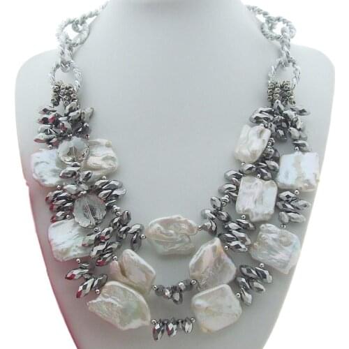 YYGEM 3 Strands Freshwater Cultured White Keshi Pearl Trapezoid Shape Silver Gray Crystal Necklace 21"