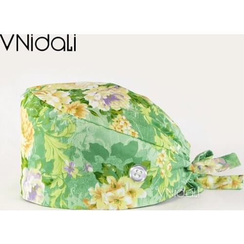 Green flower print hat scrub cap beauty salon Health facility workers scrub hat with button nursing hat scrubs gorro enfermera