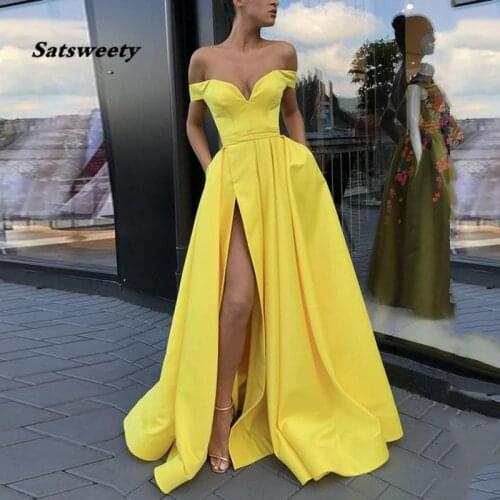 Yellow Evening Dresses with Pockets A-line V-neck Off Shoulder Slit Islamic Dubai Saudi Arabic Long Elegant Evening Gown