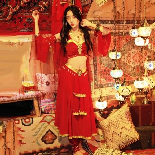 Women Halloween Clothes Belly Dance Costumes Headwear Veil Top Pants Arm Sleeves Stage Performance Set