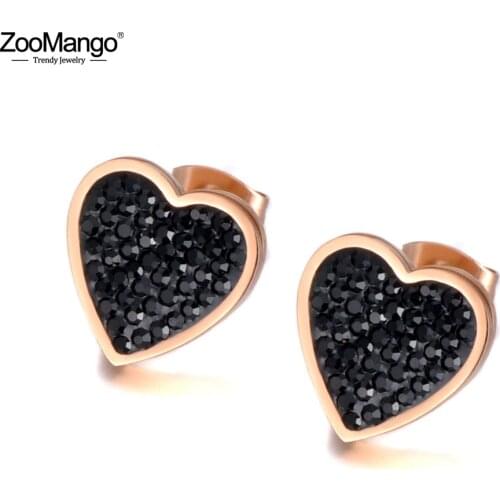 ZooMango Trendy Stainless Steel Black/White Rhinestone Bohemia Earrings Jewelry CZ Crystal Heart Earrings For Women Girl ZE20036