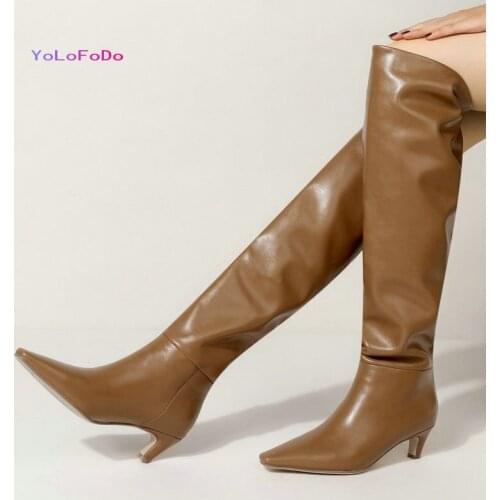 2021 Autumn Winter Women Over the Knee Boots Faux Leather High Quality Women Thick Heel Boots Slip on Square Toe Womens Boots