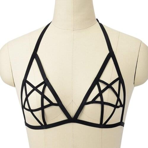 Sexy Women Harness Bra Hollow Out Pentagram Cage Bra Straps Garter Belt Cupless Bustier Top Punk Gothic Suspenders Black
