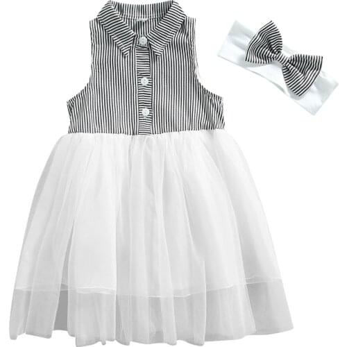 2021 0-4Y Kids Girls Summer Princess Dress Stripes Splicing Turn-Down Collar Button Sleeveless Jumper Dress+Bow Headband