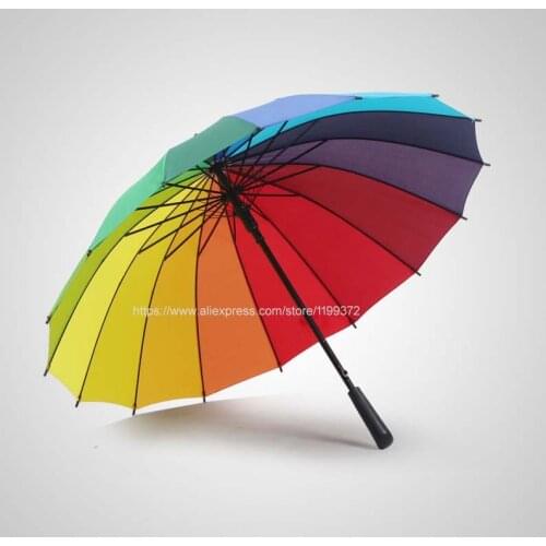 20pcs Rainbow Umbrella Long Handle Hook 16K High Quality Straight Windproof Colorful Pongee Women Men Sunny Rainy