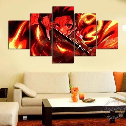 No Framed Tanjirou Kamado Artwork Cartoon 5 Pcs Canvas Picture Print Wall Art Canvas Painting Wall Decor for Living Room