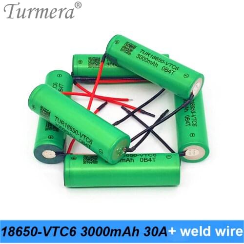 Turmera 18650 VTC6 3000mAh Battery 30A Welding Wire for 12V 16.8V 18V 21V 25V Electric Drill Screwdriver Battery and E-Bike Use