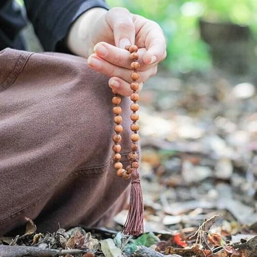 OAIITE 27 Beads Yoga Bracelet Buddhist Meditation Knotted Hemp Mala Bracelets with Tassel Blue Healing Stress Relief Jewelry