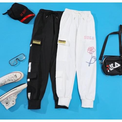 Bangtan Boys Pants Women Fans Letters Printed Pockets Cargo Pants Streetwear Hip Hop Joggers MAP OF THE SOUL Clothes