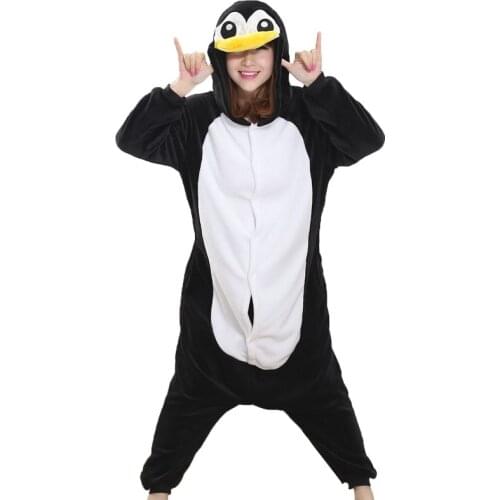 Women Adult Penguin Kigurumis Onesie Funny Animal Cartoon Pajamas Party Jumpsuit Winter Black Warm Sleepwear Cute Overalls Suit