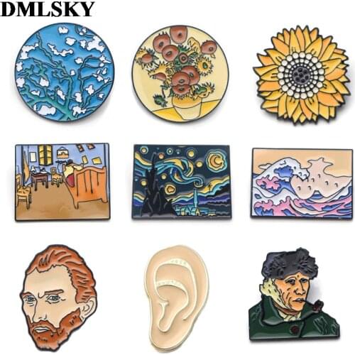 DMLSKY Van Gogh Art sunflower Cartoon Metal Pins Enamel Brooches for Women Men Lapel Pin Backpack Badge Denim Pin M2935
