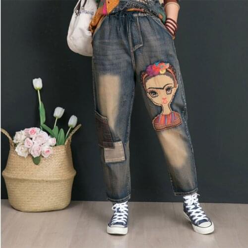 Spring Autumn Jeans Women 2021New Art Cartoon Embroidered Harem Pants Female Patch Elastic Retro High-Waist Ladies Trousers 598
