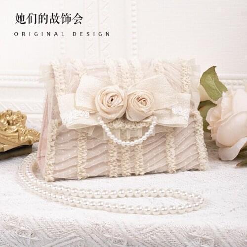 French Retro Lolita Gentle Elegant Girls Handbag Lace Bowknot Flowers Pearl Chain Shoulder Bag Kawaii Hand Made Crossbody Bag