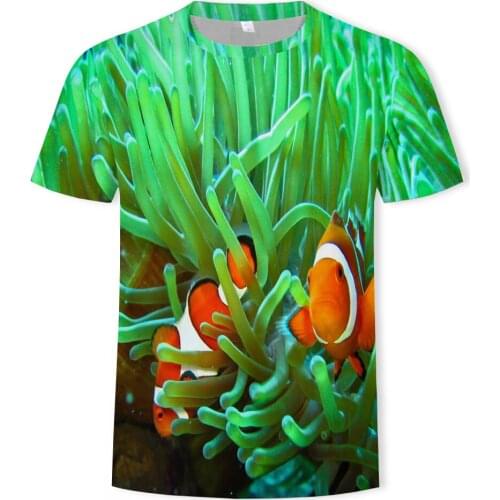 Summer new ocean fish pattern mens and womens T-shirt Harajuku solid color 3D printing T-shirt printing loose and fun mens T