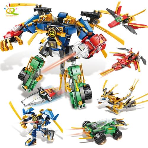 HUIQIBAO 677pcs Ninja 4in1 Flame Mecha Warrior Model Building Blocks City War Dragon Knight Robot Figures Bricks Toys Children