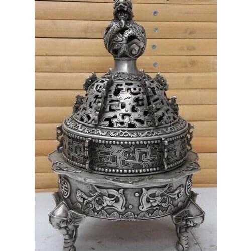Chinese Copper Silver Elephant Foot Dragon Foo Dog Beast Incense Burner Censer