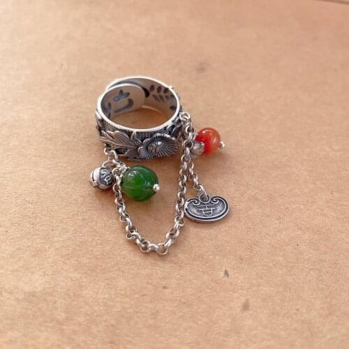 National standard s925 sterling silver original design peony flower jasper tassel ring