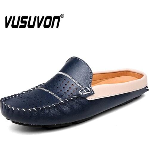 Leather Slippers Men Breathable Holes Casual Shoes Mens Flats Summer Classic Blue Half Slides Handmade Moccasins Loafers Man