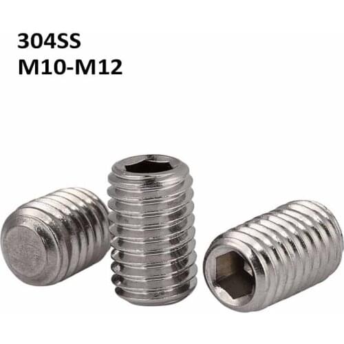M10 M12 304 Stainless Steel Thread Grub Screw Flat Point Hexagon Socket Set Screws Headless Bolts