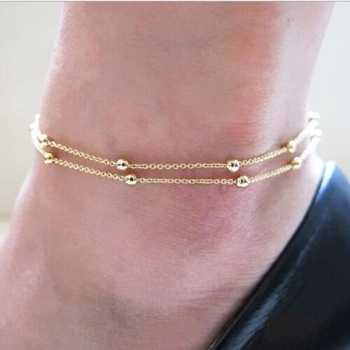 New Fashion Footwear Jewelry Gold / Two-color Chain Foot Ring Double Chain Beads Ankle Foot Ornaments For Women Girl