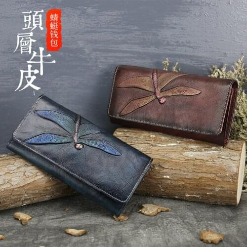 New First Layer Cowhide Wallet Female Butterfly Leather Carving Bag Long Wallet Retro Clutch Bag Leather Lady Wallet