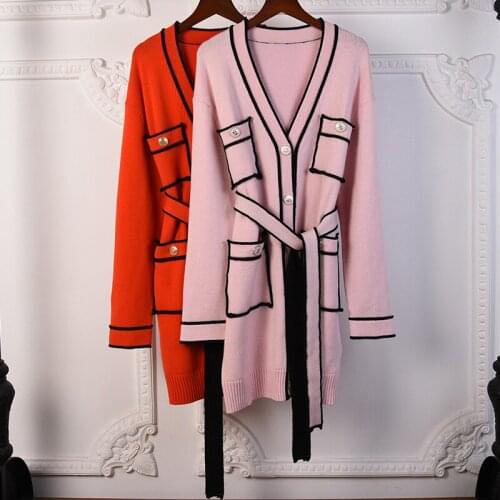 2021 Spring Autumn Fashion Womens Wool Belt knitted overcoat High quality elegant V-neck cashmere cardigans Top C731