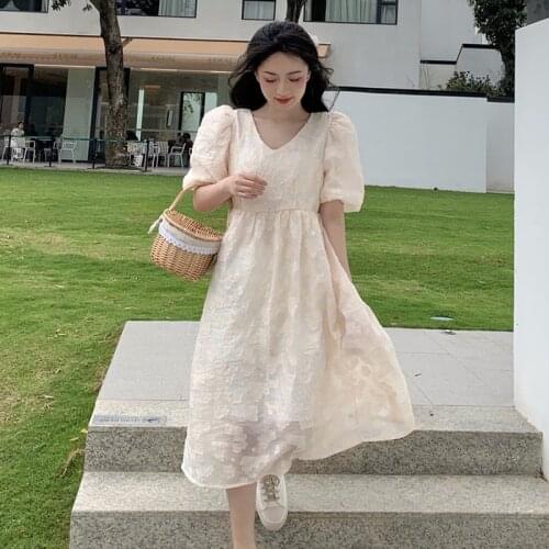 French Puff Sleeve Dress Female Summer New Style Small Waist Thin V-neck Temperament Long Skirt