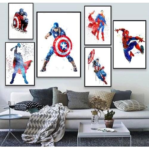 Marvel Avengers Superhero Watercolor Canvas Painting Spiderman Captain America Posters and Prints Home Child Room Decoration