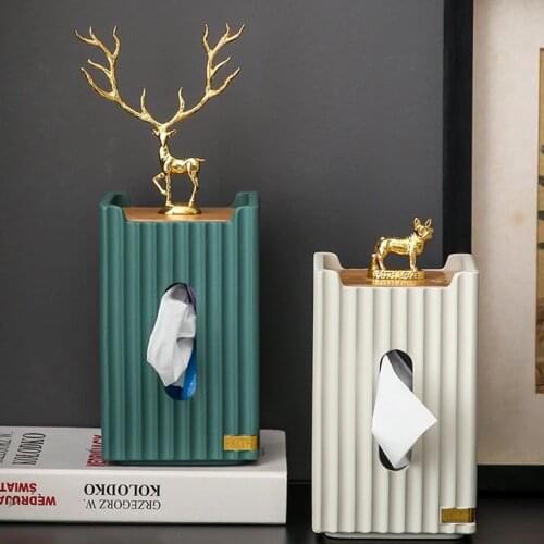 European Style Golden Deer Rectangular Tissue Box Striped Resin Standing Animal Storage Tissue Box Jewelry Rack Home Decoration