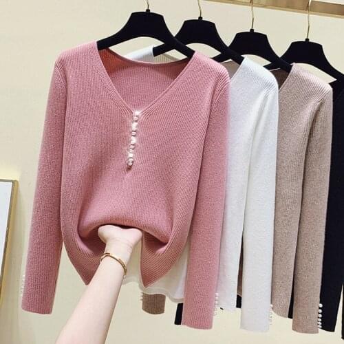 2021 The New Beading Patchwork Solid Woman Khaki Autumn V-Neck Pullover Elegant Sweater White Long Sleeve Cotton Winter Jumper