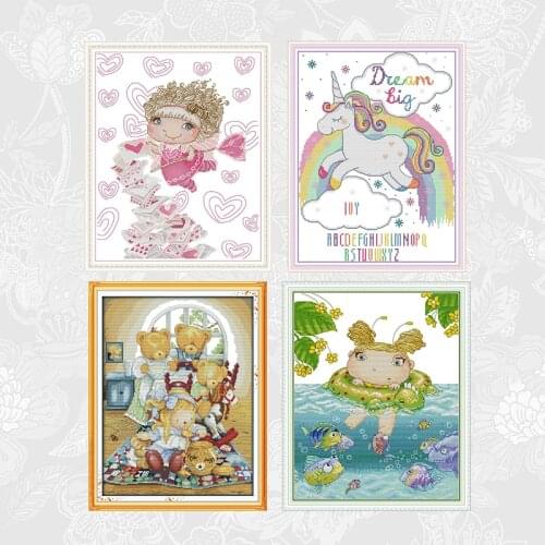 Rainbow Unicorn Counted Cross Stitch kits Sale, Printed Canvas Embroidery Needlework Set, Elf learn to swim Home Decoration