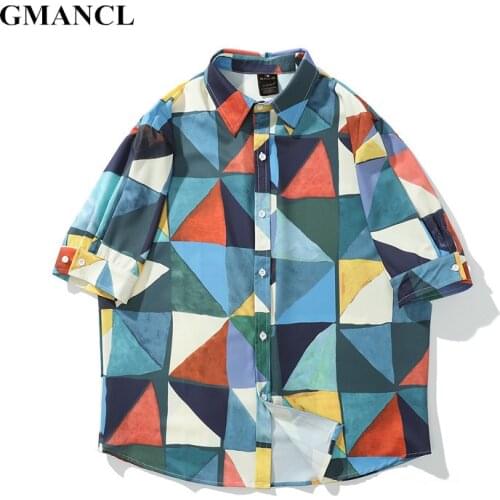 New Mens Streetwear Harajuku style Color geometry printed Hawaiian Short sleeve Shirts Summer Hip hop male Loose Casual Shirts
