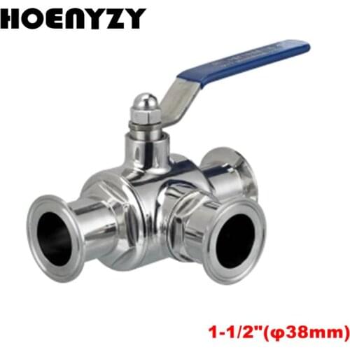 1 1/2" 38mm 304 Stainless Steel Sanitary Ball Valve 3 Three Way 1.5" 50.5mm Tri Clamp Ferrule Type For Food Homebrew Diary