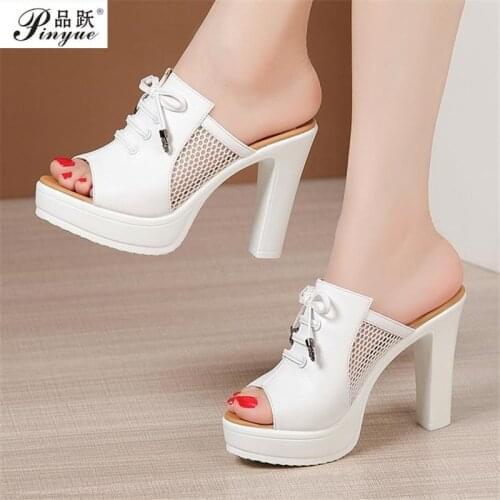 Size 32-43 Knot Mesh Platform Slippers Women Shoes Summer aily OL High Heels Slides for Office Fish mouth high heel slippers