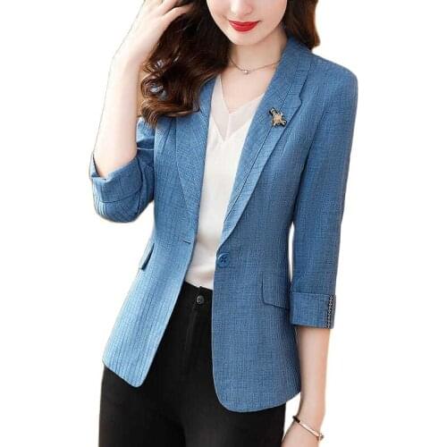 Blue Blazer Femme Jackets Women Blazer Spring Fall Seven-point Sleeve Single Button Coat Slim Office Lady Jacket Female Y721