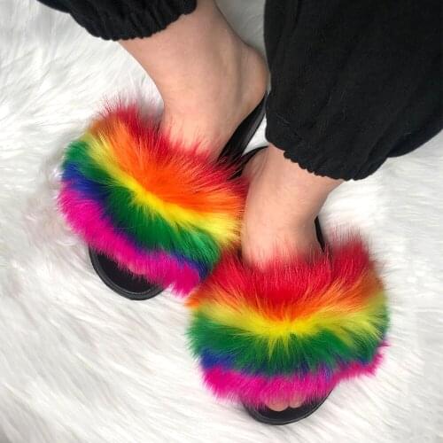 Women Fluffy Faux Fur Slides Girls Lovely Non-slip Plush Indoor Fur Slippers Beach Flip Flops Drop Shipping Fur Sandals