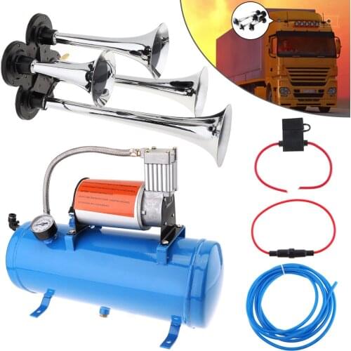 Super Loud 4 Trumpets Air Horn 150psi 12V 6L Mini Electric Air Horn Compressor Kit Blue Tank Gauge for Car Train Truck