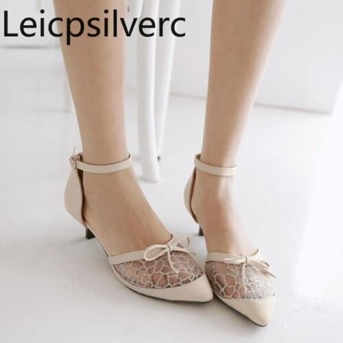 Pumps Spring and autumn Mesh butterfly Knot Pointed Shallow mouth Buckle Fine heel Low-heeled Womens shoe plus size 30-49