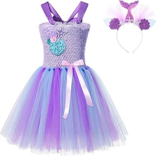 VOGUEON Girl Little Mermaid Tutu Dress Kid Floral Crochet Strap Layered Party Ball Gown Children Halloween Fancy Cosplay Costume