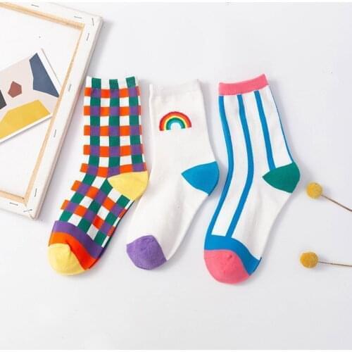Rainbow striped socks harajuku woman kawaii calcetines women skarpetki meias meia chaussette sock sokken cotton calcetas mujer