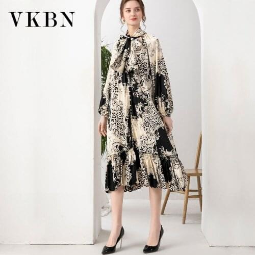 VKBN Women Dresses Summer 2021 Casual Fashion Pattern Printing Lantern Long Sleeve Party Dress Elegant Vestidos De Fiesta