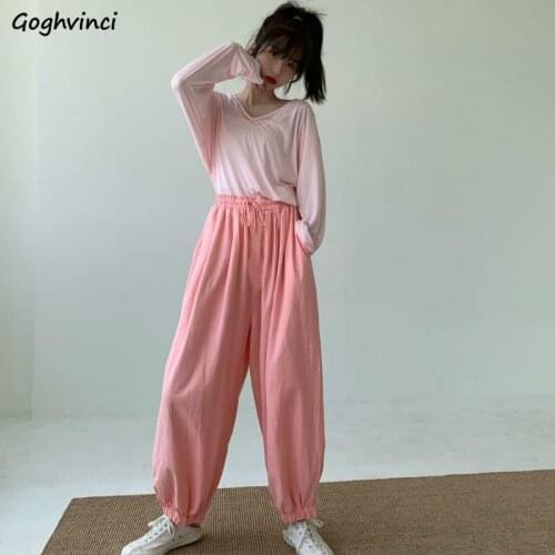 Women Casual Pants Solid Ankle-length Elastic Waist Pockets Bandage Baggy Soft Streetwear Ulzzang Trendy Popular Spring Females