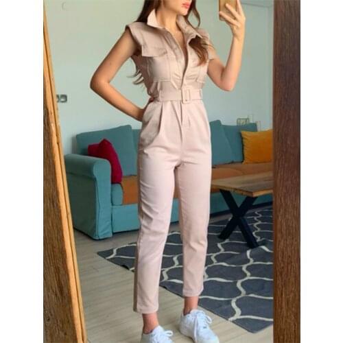 Glamaker Cotton office ladies pocket jumpsuit Women fashion elegant sleeveless slim long playsuit Apricot casual jumpsuit 2021