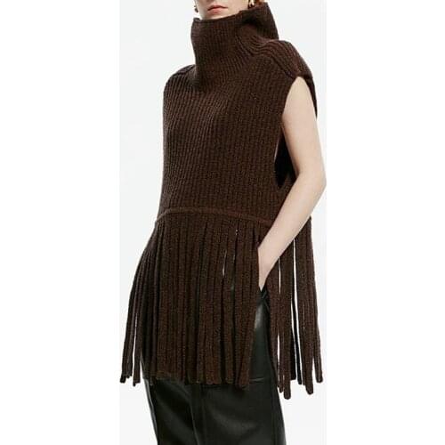 New Winter 10.40 Autumn Fashion Casual Tassels Design Turtleneck Sleeveless Wool Knitted Pullover Vest Sweater Women